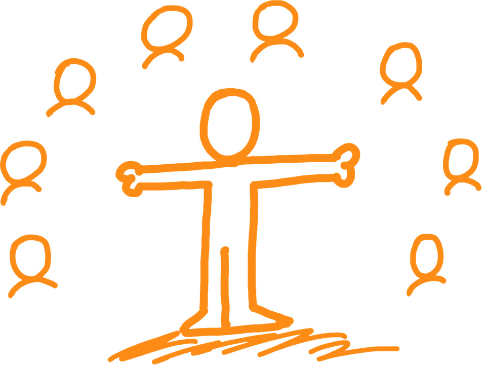 An image depicting a leader at the center, surrounded by a group of people. The leader appears confident and engaged, while the surrounding individuals look towards them, suggesting authority, influence, and teamwork.