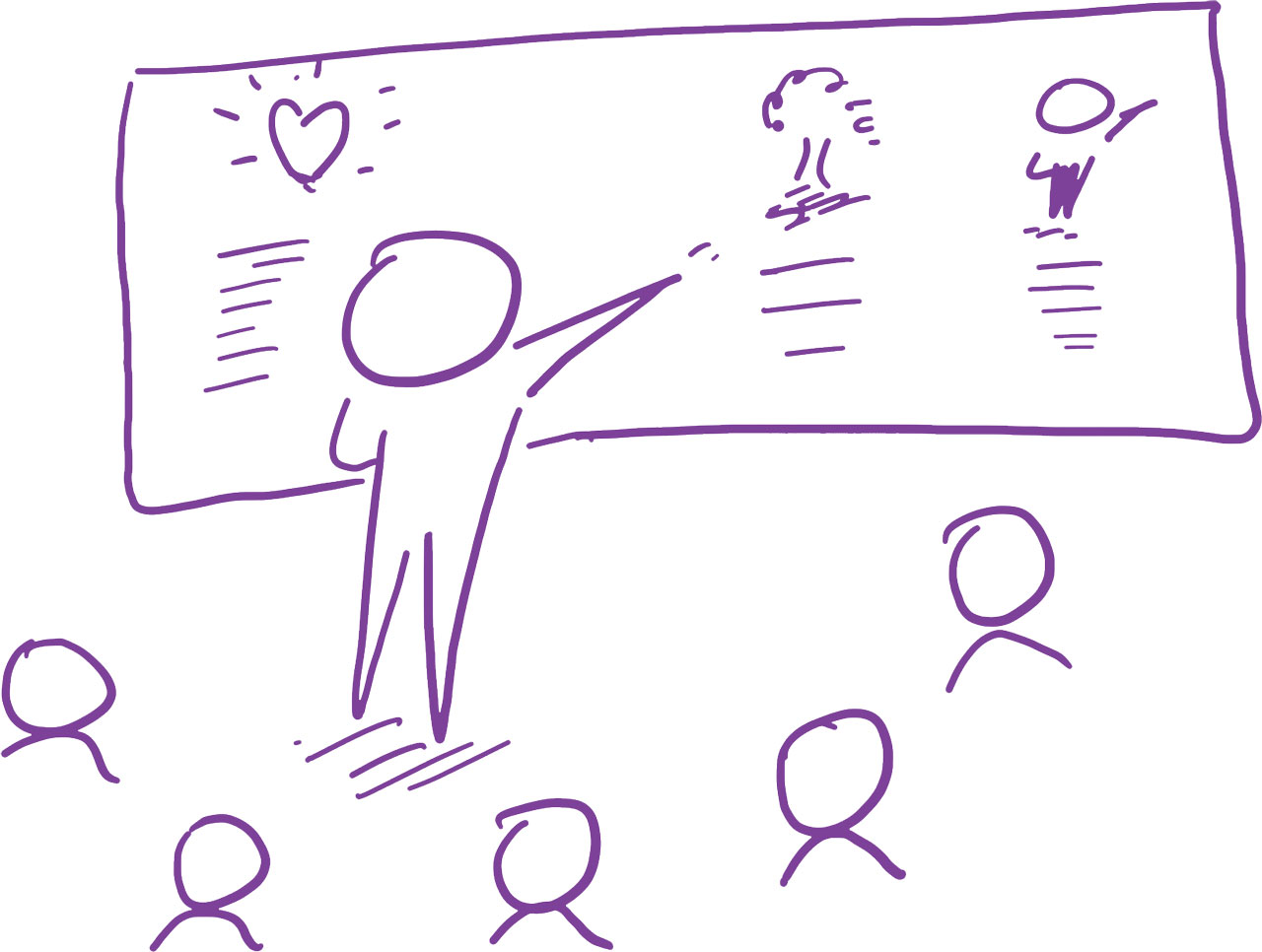 An illustration depicting the Shift Positive Live Method, with a person standing in front of others, actively gathering feedback. The individual appears engaged and responsive, demonstrating the method's emphasis on interactive communication and group feedback.