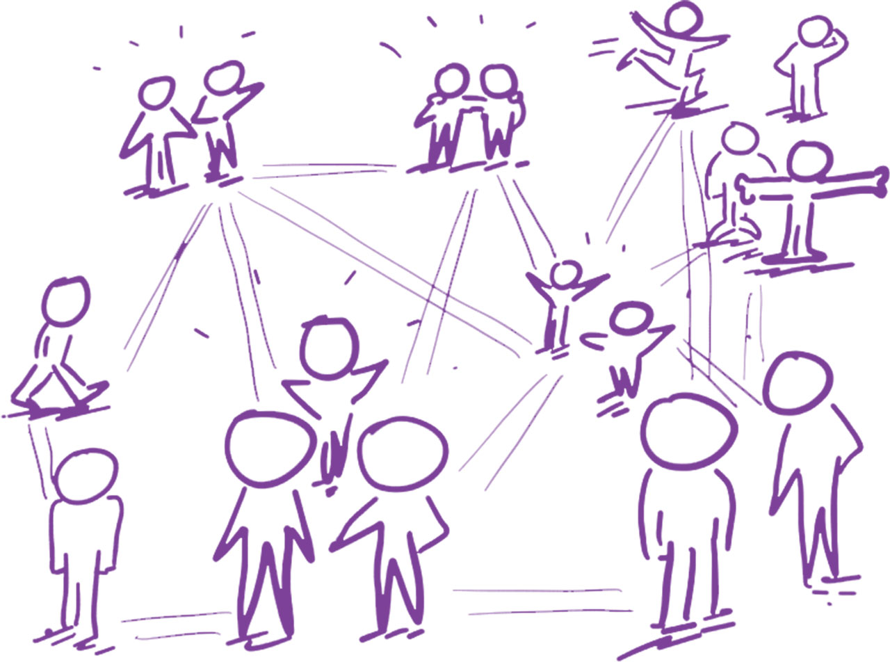An illustrated depiction of a Change Positive social network, featuring numerous interconnected individuals represented as nodes, with lines indicating connections between them. The image suggests a complex web of relationships and interactions within the network.